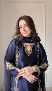 Premium Midnight Navy <b>Blue</b> Silk Kurta Pant Set Dupatta 3 Piece Heavy Hand Embroidered Salwar Kameez Luxury Traditional Party - Product Image 2