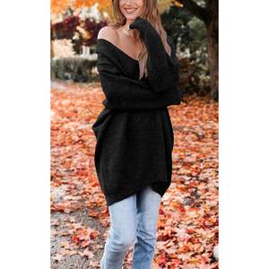 Robe pull décontractée à manches longues pour femme, robe pull en tricot côtelé moulante, col en V, ample, surdimensionnée, en laine - Product Image 5