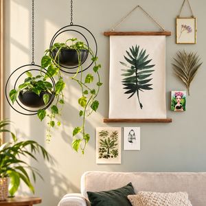 Jardinière suspendue circulaire en métal noir avec cadre à double anneau |   Porte-pot de fleurs suspendu moderne pour la décoration intérieure - Product Image 5