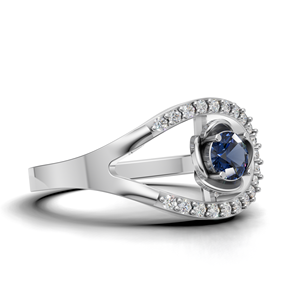 Bague de fiançailles de luxe en or blanc/rose et or jaune 18 carats avec saphir bleu rond et halo ouvert, vente en gros - Product Image 2