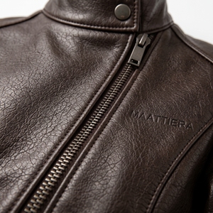 Chaqueta de Motociclista para Mujer, Estilo Cuero Marrón, Cuello Alto, Cierre Asimétrico, Corte Ajustado - Product Image 6