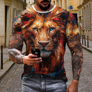 T-shirt à imprimé graphique 3D Lion par sublimation - Style peinture à l'huile artistique, streetwear décontracté, manches courtes, col rond, haut tendance - Product Image 5