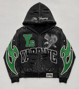 Sudadera con capucha gráfica vintage para hombre de Micah Corporation – Estampado YG Varsity, chaqueta con cremallera estilo streetwear desgastado - Product Image 1