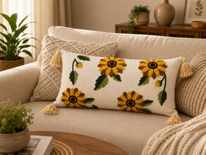 Coussin lombaire décoratif en coton fait main avec broderie florale tournesol et pompons pour canapé et lit - Product Image 3
