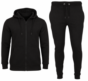 Ensemble de survêtement pour homme à capuche et fermeture éclair intégrale, veste zippée unie et pantalon de jogging à revers, 2 pièces, tenue de sport décontractée, vente en gros - Product Image 1