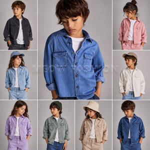 Ready Shipping Casual Denim Shirt For Boys Long Sleeve Solid Color Turn-<b>down</b> Collar Pockets Washed Cotton Material Regular Fit - Product Image 4