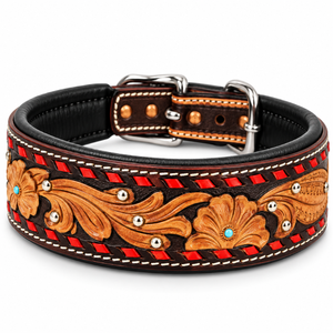 Collier pour chien en cuir clouté et orné, rouge, avec lacets floraux et rembourrage |   Collier pour chien ajustable avec boucle sculptée à la main de style western - Product Image 1
