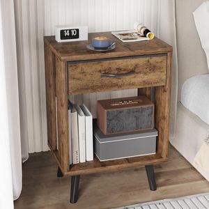 Dark Rustic Brown Bedroom <b>Side</b> Tables Set of 2 Nightstands with Fabric Drawers and Open Shelves Bedside Table Nightstands - Product Image 3