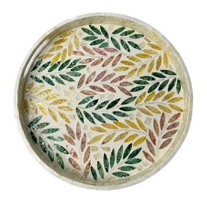 Top Quality Leaf Design <b>Round</b> Seashell Mosaic <b>Serving</b> <b>Tray</b> For Food Drinks Breakfast Table Wholesale - Product Image 1
