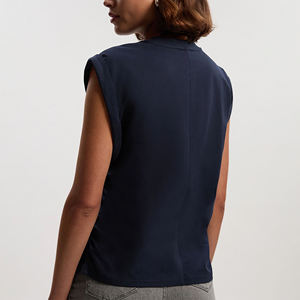 Customized Women's Navy <b>Cap</b> <b>Sleeve</b> Crop <b>Top</b> Crew Neck Minimalist Solid Knitted T-Shirt With Logo Spring Summer - Product Image 5