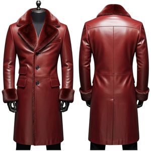 Manteau long en cuir véritable pour homme, col en fourrure, coupe-vent, épais, pour l'hiver, vêtements d'extérieur décontractés - Product Image 3