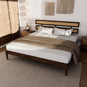 Struttura letto king size in stile bohémien, finitura in legno di noce scuro verniciato, testiera doppia in rattan e legno di pino, finitura in legno di noce scuro verniciato - Product Image 5