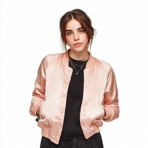Chaqueta de satén con botones para mujer, 100% poliéster, estilo bomber, cuello redondo, chaqueta de satén con botones para mujer - Product Image 1