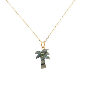 Natural Labradorite Carved <b>Palm</b> <b>Tree</b> <b>Necklace</b> Green Zircon Accent Gold Chain Adjustable Trendy Boho Tropical Jewelry Handmade - Product Image 2