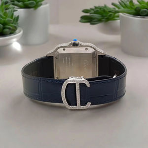 Montre Classique de Luxe pour Homme avec Diamants Moissanite Taillés, Demi-Sertie, Bracelet en Cuir Bleu, Cadran Romain, Largeur de Bracelet 22mm, Analogique - Product Image 4