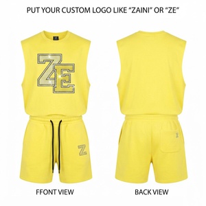 Mens Sleeveless Short Set Premium Quality 320 GSM Cotton Fleece <b>Yellow</b> <b>Tank</b> <b>Top</b> Shorts Custom Rhinestone Logo Streetwear Outfit - Product Image 1
