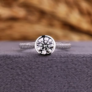 Round Cut Lab Grown Diamond Bezel Set Engagement Ring 18K White Gold Three Side Pave Setting IGI for Wedding or Anniversary Gift - Product Image 1