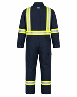 Combinaison de travail industrielle imperméable en spandex bleu marine et jaune citron haute visibilité, robuste, avec poches cargo et boutons-pression cachés