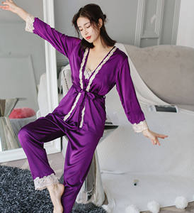 Conjunto de Pijama de Seda Suave para Mujer, Camisola de Encaje, Traje de 3 Piezas, Top, Pantalones Largos, Ropa de Dormir - Product Image 5
