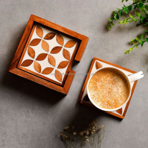 Modern Wooden Square <b>Coasters</b> Set with Leaf Pattern Non-Slip Table Mats for Coffee and Dining Table Decor - Product Image 2