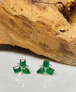 Top selling 14KT Gold Certified Fine jewelry Trio <b>Stud</b> Earrings in Natural <b>Emerald</b> & Diamonds Earrings - Product Image 3