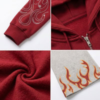 Ensemble de survêtement rouge à capuche avec motif flamme imprimé, streetwear unisexe, sweat-shirt et pantalon à fermeture éclair intégrale, tenue d'automne