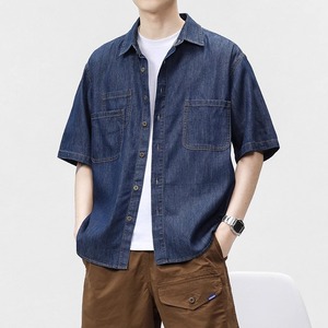 Chemise en jean à manches courtes pour homme, col rabattu, couleur unie, boutonnée, décontractée, ample, pour la mode d'automne - Product Image 3