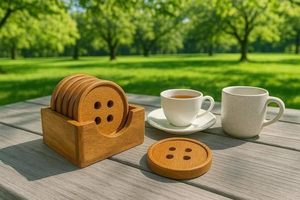 Ensemble de sous-verres en bois écologiques avec design bouton, sous-verres ronds en bois naturel pour tables de café, de salle à manger et de cuisine - Product Image 2