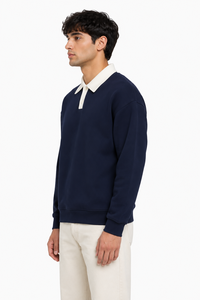 <span class=keywords><strong>Felpa</strong></span> Premium da Uomo Blu Navy con Colletto a <span class=keywords><strong>Polo</strong></span>, Manica Lunga, Pullover Casual in Misto Cotone con Colletto Bianco a Contrasto - Product Image 2