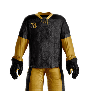 Tenue de hockey sur glace personnalisée pour homme, maillot et pantalon sublimés noir et or, manches longues, en polyester anti-humidité, taille adulte et grande taille, avec lettrage - Product Image 3