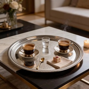 Assiette de service moderne en acier inoxydable, motif floral gravé, écologique, faite à la main, pour les événements de mariage, la table à manger à la maison - Product Image 5