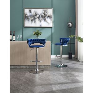 Ensemble de 2 tabourets de bar réglables en velours avec repose-pieds et pieds chromés Design pivotant simple avec levage mécanique-BLEU - Product Image 4