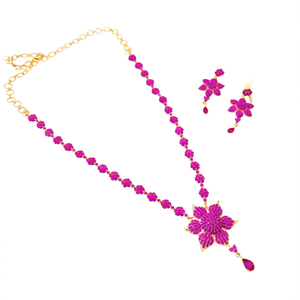 Fashion Jewelry Set <b>Ruby</b> Colored American Diamond <b>Necklace</b> Floral Style - Product Image 2