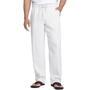 <b>Men's</b> <b>White</b> <b>Linen</b> Casual <b>Pants</b> Elastic Waist Drawstring Straight Fit Lightweight Breathable Summer Trousers with Pockets - Product Image 1