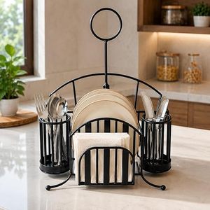 Étagère de rangement de cuisine moderne en métal avec porte-assiettes et organiseurs de couverts pour vaisselle, type sur pied, design multifonctionnel - Product Image 1