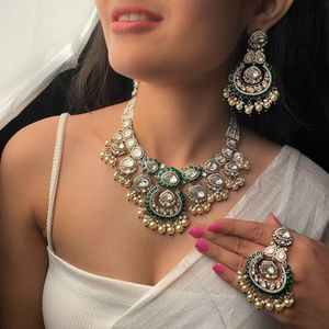 Bidaai Polki Designer Fine Jewelry Zircon Gold Plated Flower Women's Wedding Necklace and Earring Set - Product Image 1
