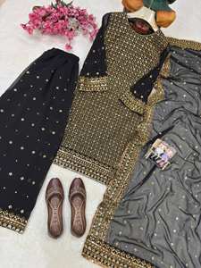 Conjunto de traje Sharara negro de lujo con bordados y dupatta de malla |   Ropa Festiva y de Boda para Mujer - Product Image 6