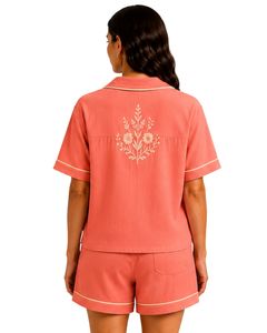 Conjunto de Pijama Rosa Coral para Mujer, Manga Corta, Algodón Popelina, Ropa de Dormir Bordada, Conjunto de Shorts con Botones, Cómodo para el Verano - Product Image 2