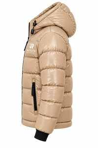 Mens Beige Hooded Puffer Jacket Windproof Winter <b>Coat</b> Casual <b>Slim</b> Fit Zipper Closure Polyester custom logo puffer jacket - Product Image 4