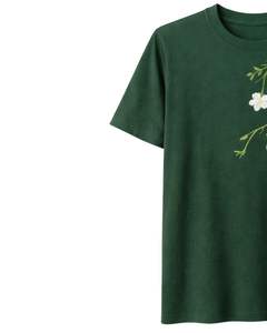 Dark Green Womens Floral Embroidery T Shirt Soft Cotton Crew Neck Casual Short Sleeve Summer <b>Top</b> Lightweight Comfortable Tee - Product Image 2