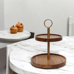 Elegant Round Wooden and Metal Cake Stand With Gold Finish for Serving Cake and Pastry Cake <b>Tools</b> - Product Image 1