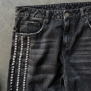 Pantalon en jean large taille haute délavé en coton coupe décontractée style automne avec rivets noir et gris - Product Image 3