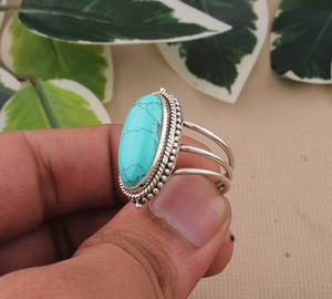 Wholesale Classic Party Long Oval Turquoise 925 Sterling <b>Silver</b> Rope Bezel Triple Split <b>Band</b> Gemstone <b>Ring</b> for Women - Product Image 3