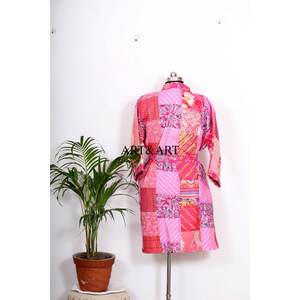 Kimono indio hecho a mano, kimono Kantha cosido a mano para mujer, kimonos de seda con patchwork Kantha, kimono corto para dama. - Product Image 6
