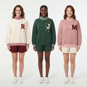 Ensemble sweat-shirt et short en polaire pour femme, broderie initiale, col montant, tenue de détente 2 pièces - Product Image 5