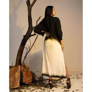 Robe longue femme noire et blanche ombrée, style ethnique fusion, maxi Kurti avec fente latérale, tenue décontractée pour soirée - Product Image 4