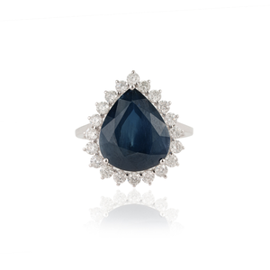 Bijoux faits à la main pour femmes, luxueux, en or blanc massif 18 carats, 8,42 ct. Bague en grappe de saphirs bleus et diamants en forme de poire, bijoux de mariée audacieux en gros - Product Image 1