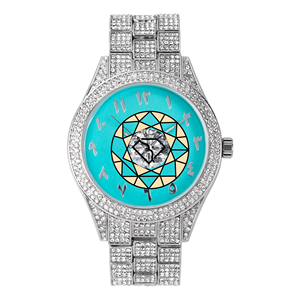 Montre à quartz analogique en acier inoxydable, boîtier rond serti de diamants de laboratoire, cadran bleu et face en cristal, montre bracelet de luxe pour femme - Product Image 4