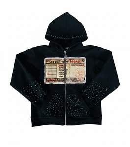 Sudadera con capucha y cremallera, diseño estampado Top Secret y detalles de tachuelas, corte holgado, estilo casual, 100% algodón bordado - Product Image 3