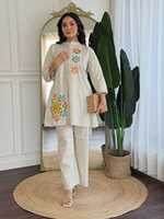 Ensemble coordonné en coton crème brodé de fleurs pour femmes, avec pantalon assorti, vêtements ethniques traditionnels, style Inde Pakistan, décontracté